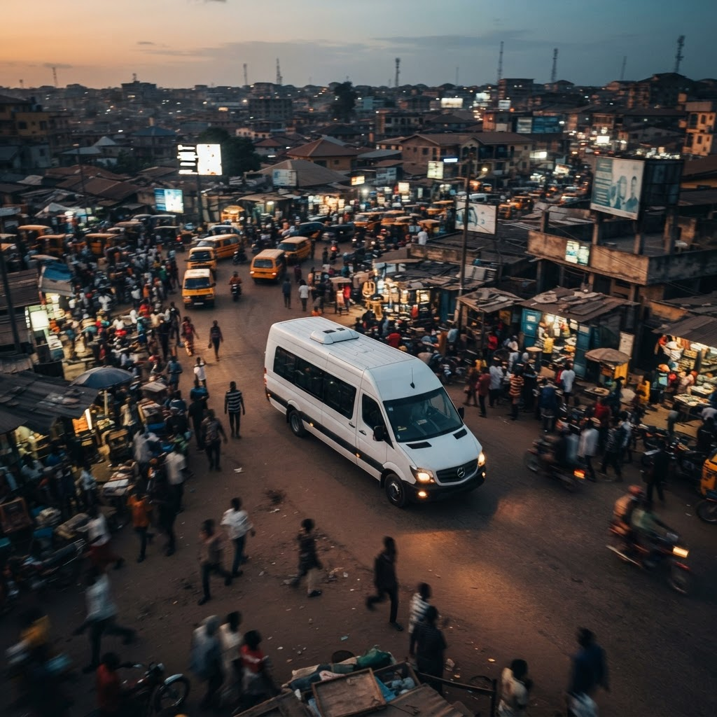 A premium shuttle moving through a busy West African city transit hub at dusk
